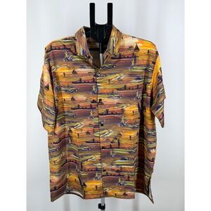 Funny Guy  Mens‎ XL Sunset Lake Boat Print Hawaiian Button Down Shirt New